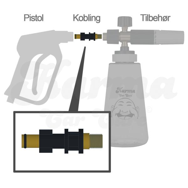 Koblingen til Makita skrues ind i Skumlanse PRO+ og monteres på højtryksrenser pistol efterfølgende.