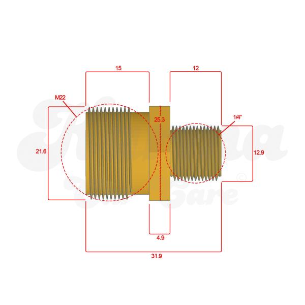 Tegning med Mål af M22 Han Kobling som slutter i 1/4" Han til ombygning af Quick Connect Dyse Sæt