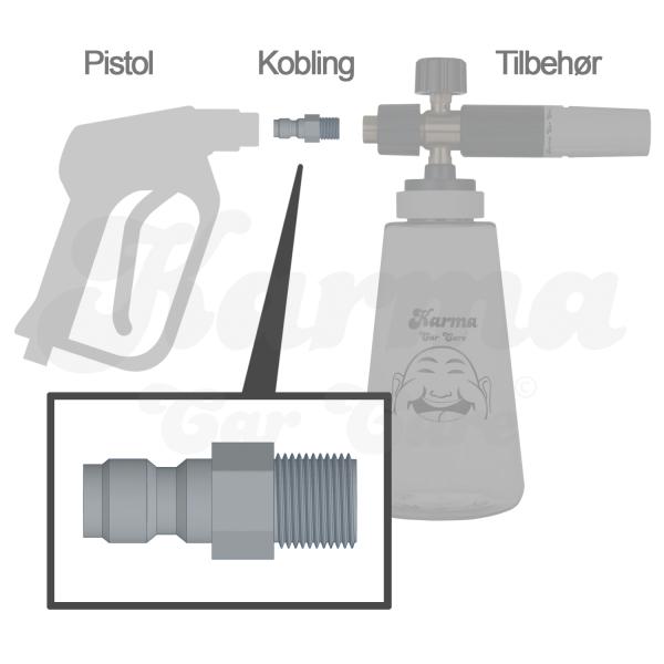 Koblingen monteres på Skumlanse PRO+ og kan derefter klikkes let på og af din højtryksrenser pistol med Quick Release Kobling